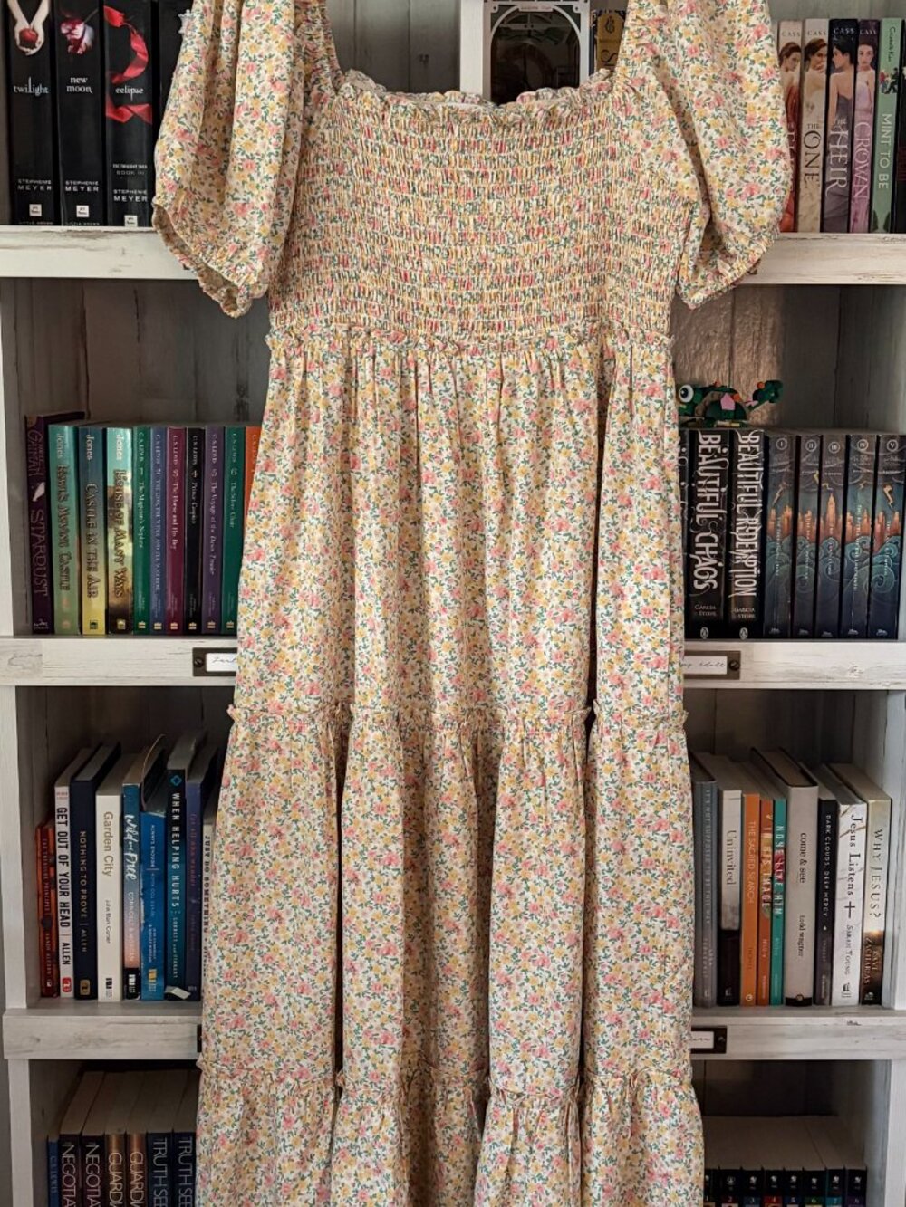 Carly Jean Los Angeles Floral Smocked Maxi Dress in Cream, Pink & Blue